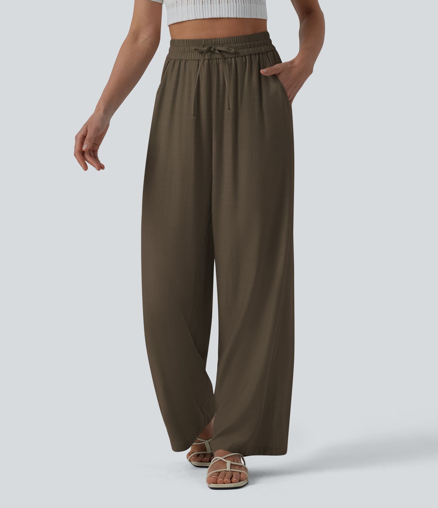Pantalon casual large mélange lin taille haute avec cordon de serrage et poches