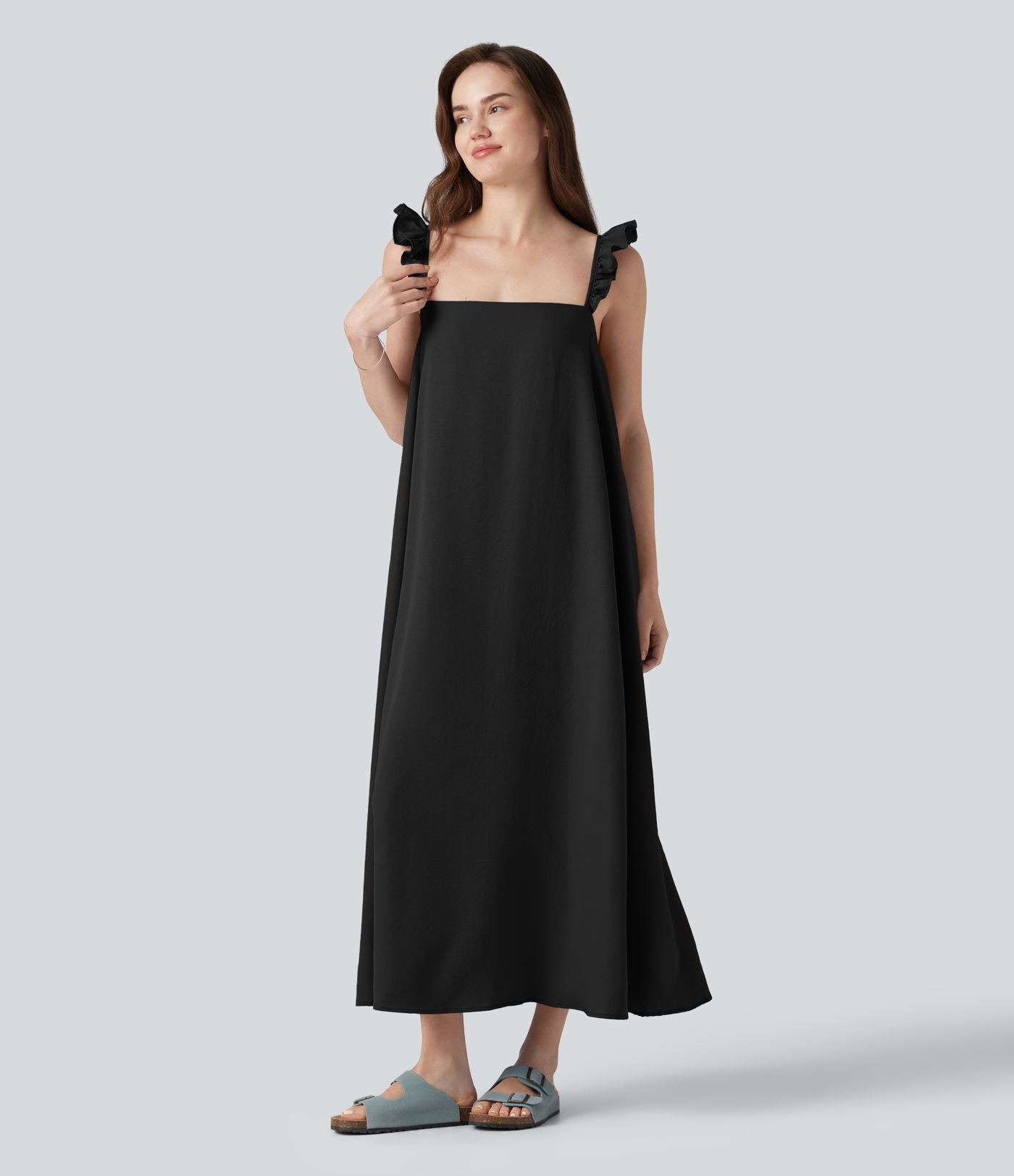Robe casual fluide midi sans manches col carré avec bordure à volants et poches