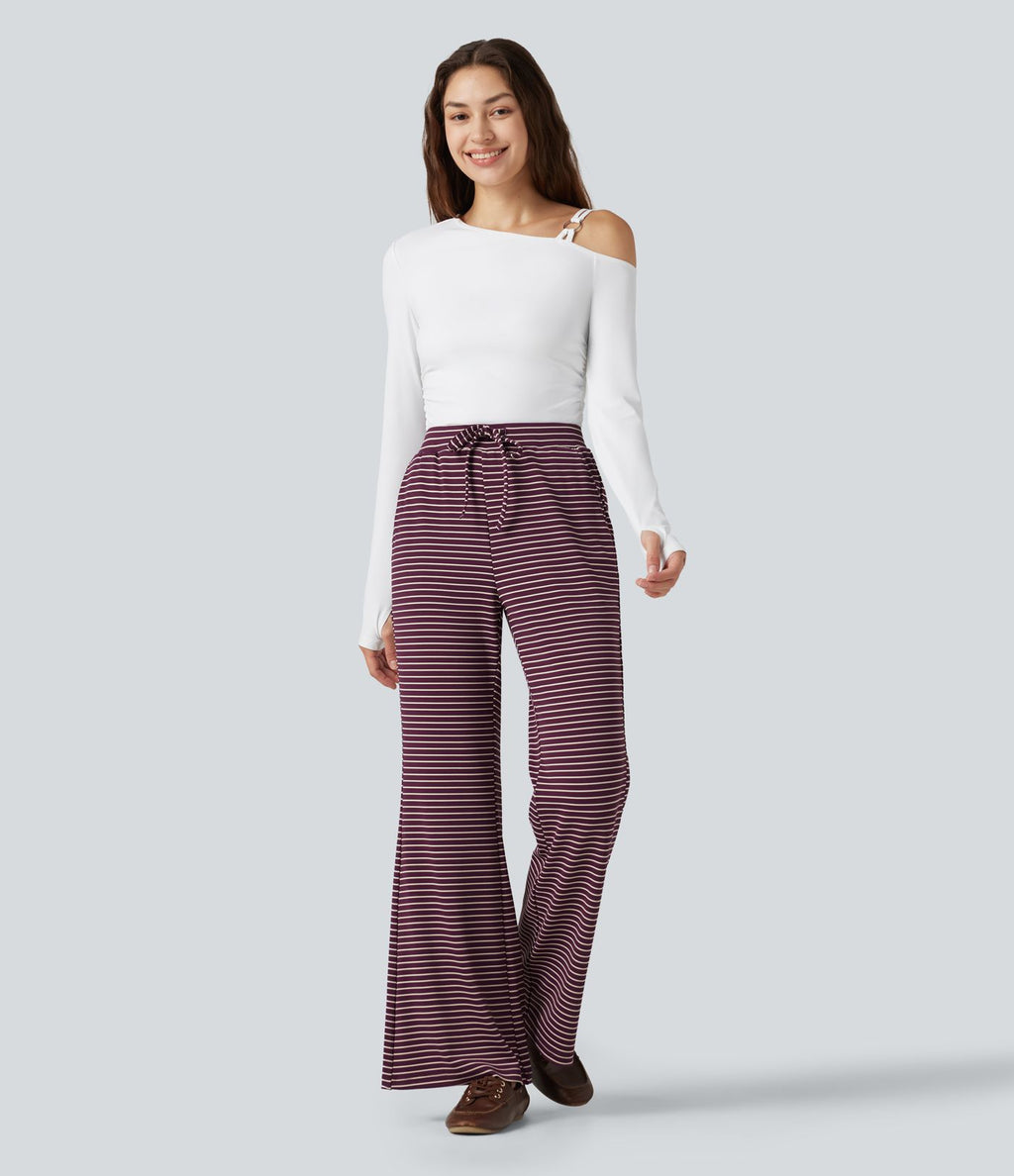 Pantalon décontracté à rayures en maille côtelée, taille mi-haute, cordon de serrage et coupe bootcut, avec poches