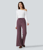 Pantalon décontracté à rayures en maille côtelée, taille mi-haute, cordon de serrage et coupe bootcut, avec poches