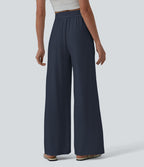 Pantalon casual large fluide mélange lin taille haute avec cordon de serrage et poches