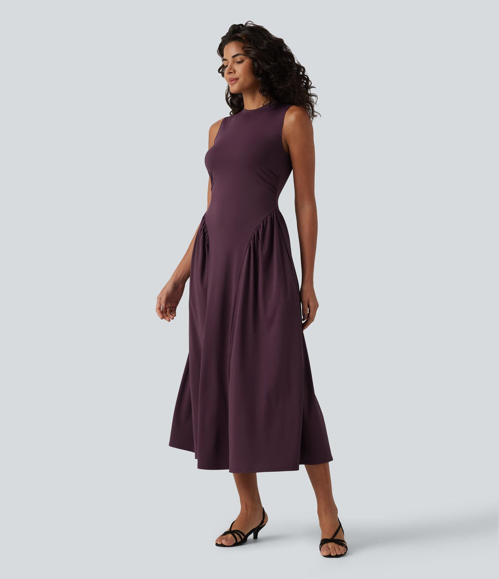 Robe midi casual fluide sans manches à col rond avec poches