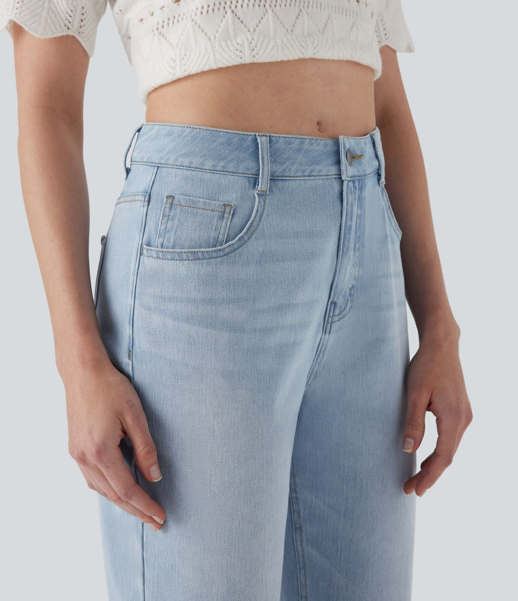Jean 7/8 décontracté délavé taille mi-haute à jambe droite Halara Flex™ avec poches