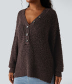 Pull décontracté à décolleté en V, manches longues et ourlet asymétrique