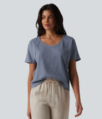 T-shirt casual en tissu gaufré à encolure cœur et manches courtes