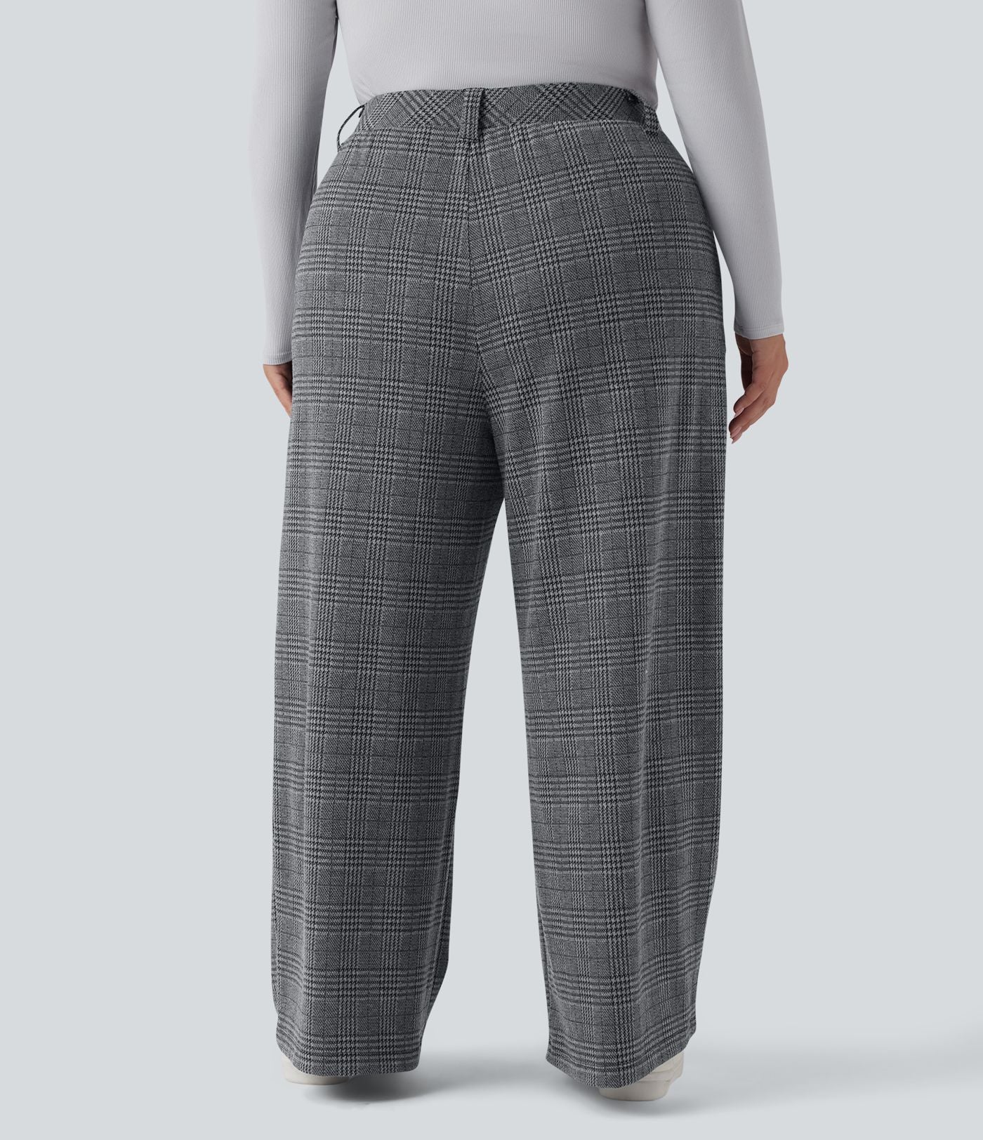 Pantalon décontracté grande taille large taille haute à carreaux pied-de-poule avec poches