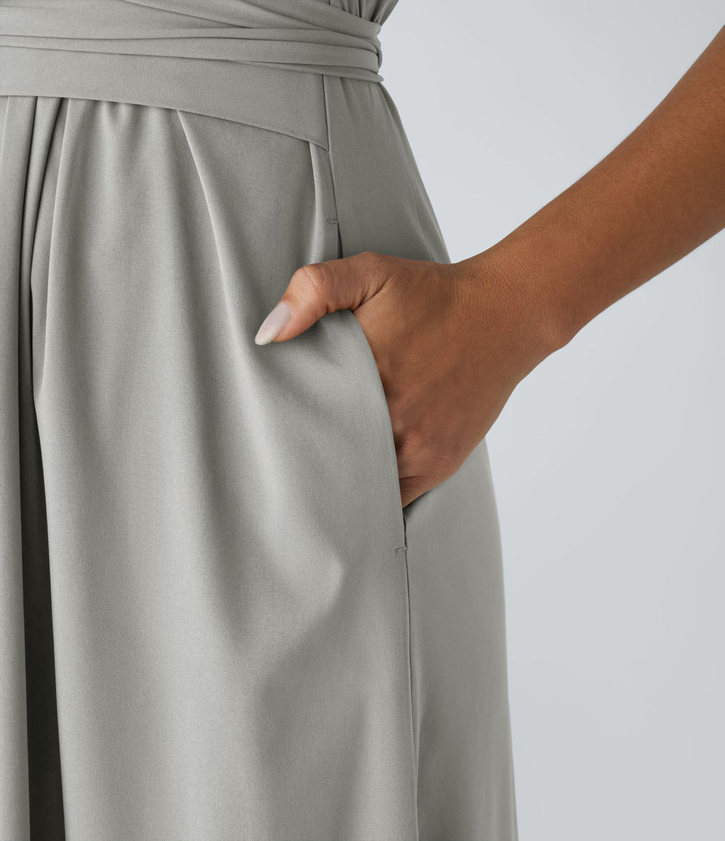 Breezeful™ Robe Mi-Longue Col en V Manches Courtes Poche Latérale Nouée au Dos Séchage Rapide