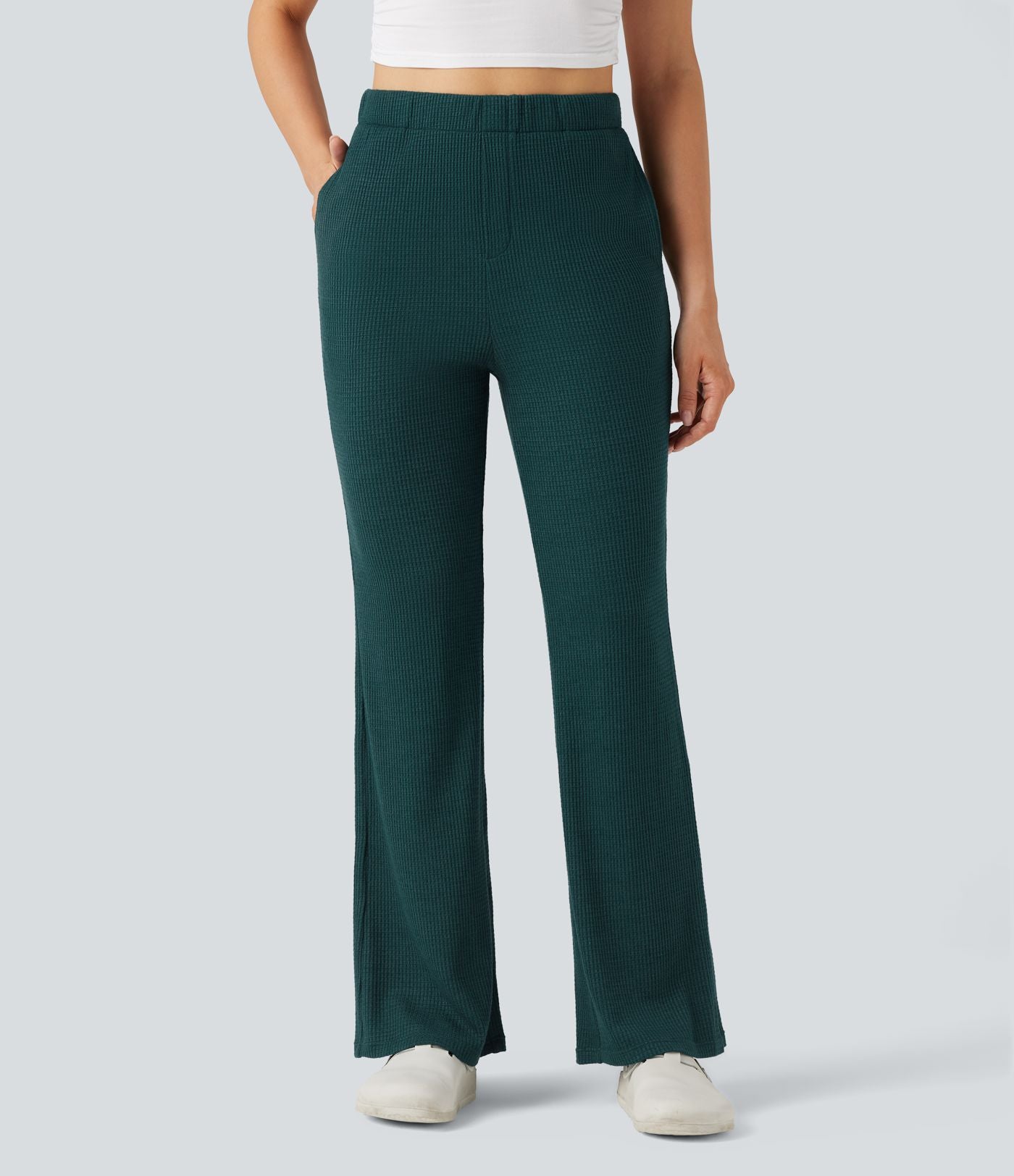 Pantalon décontracté évasé maille gaufrée taille haute avec poches