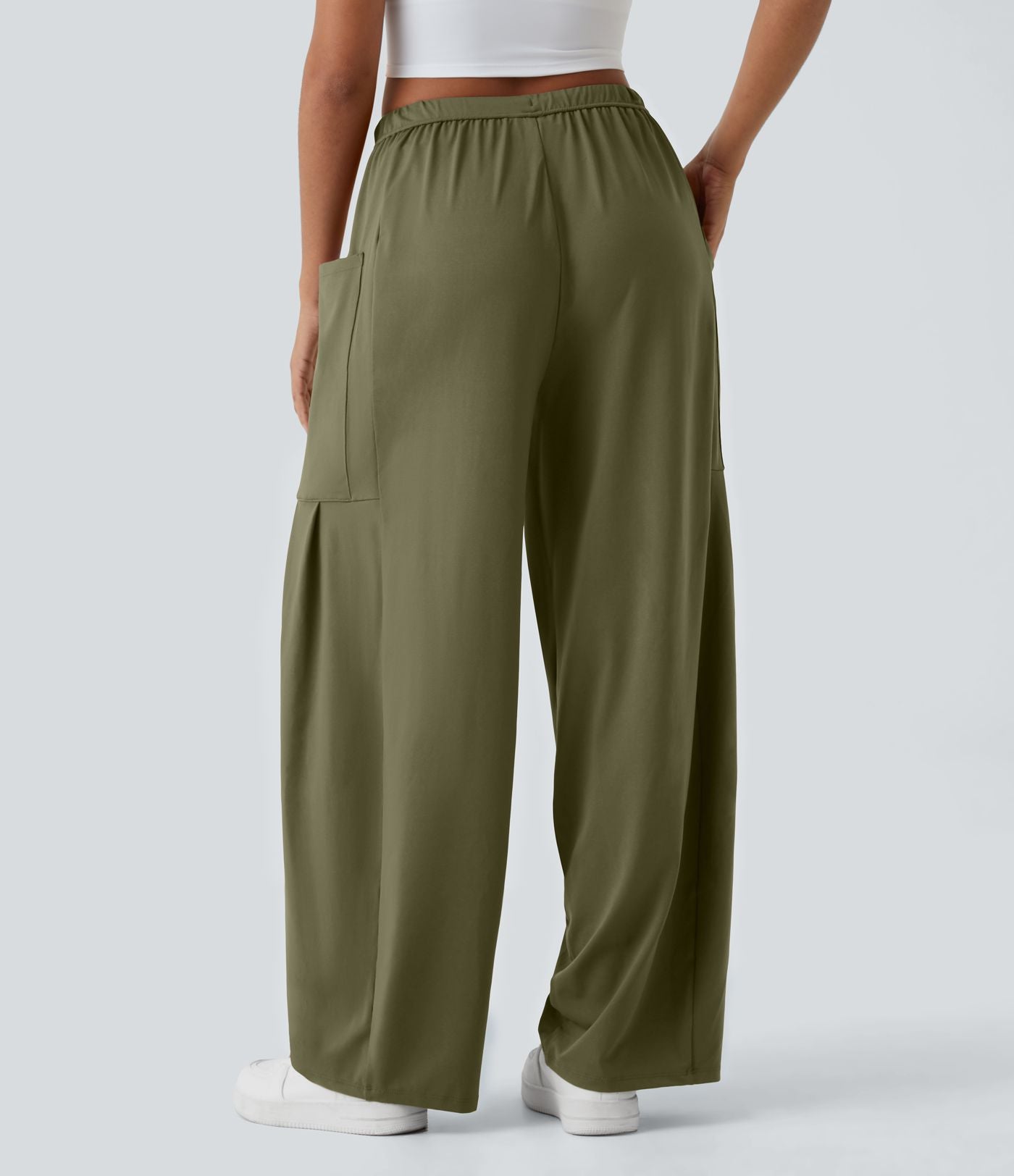 Pantalon Large Fluide Taille Mi-Haute Taille Élastique Cordon Poches Latérales Ourlet Flottant