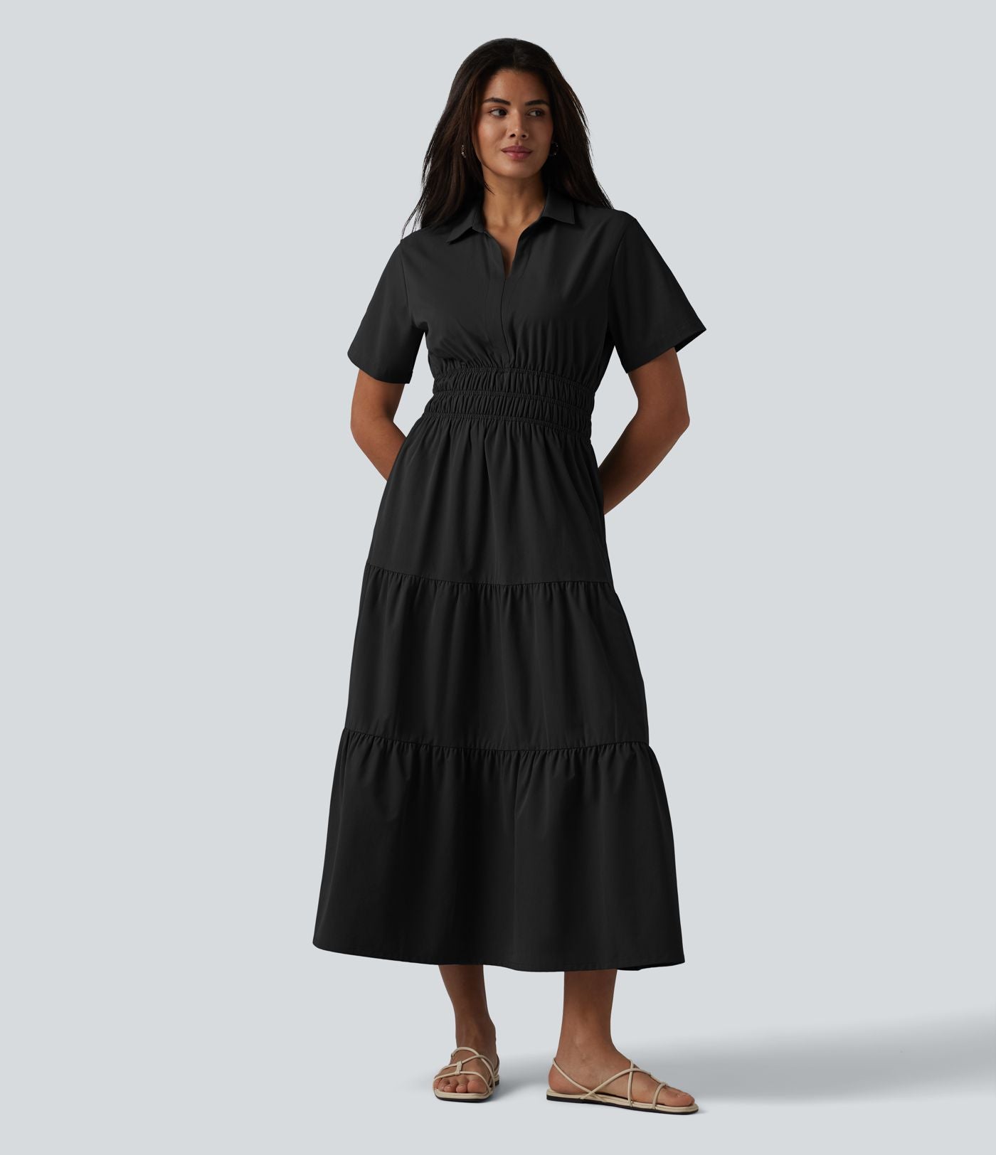Robe-chemise midi fluide et décontractée en popeline extensible à manches courtes et poches