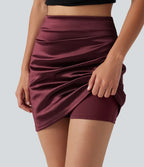 Jupe mini moulante 2-en-1 en satin, taille haute, fronces et ourlet croisé