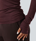 T-shirt décontracté asymétrique en mélange de laine à une épaule et manches longues