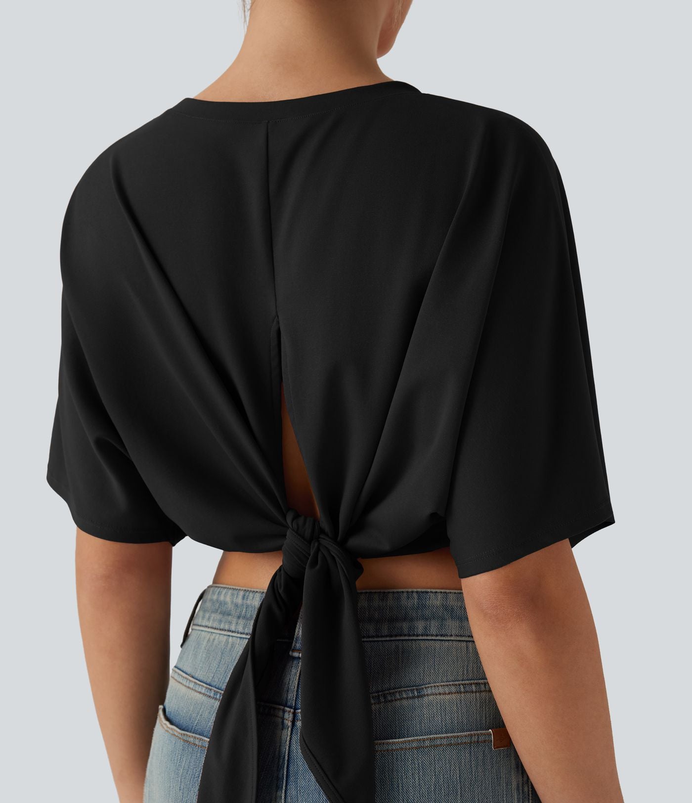 Haut casual crop col rond manches courtes fentes liens dos