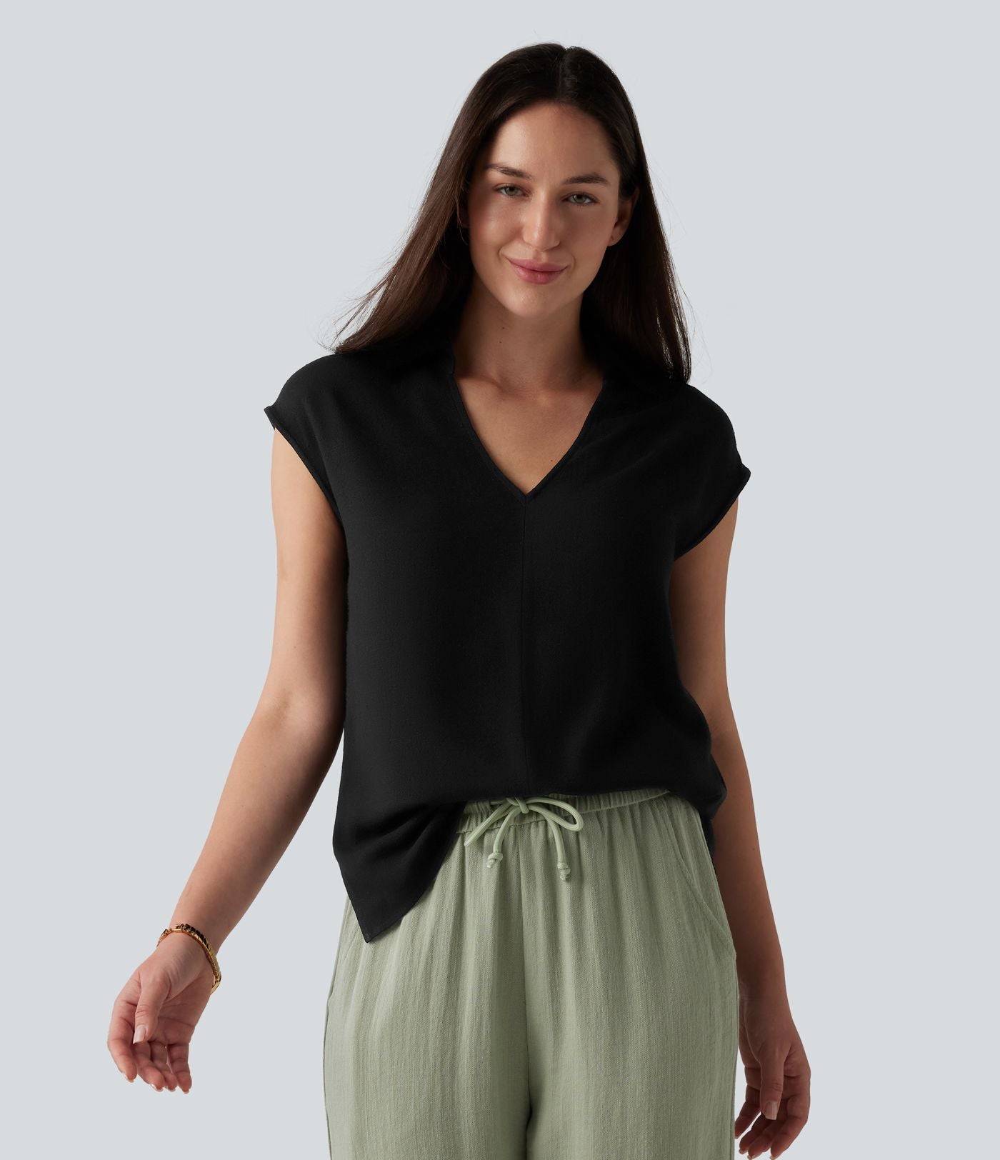Chemisier tailleur en mélange de lin col V sans manches avec ourlet fendu