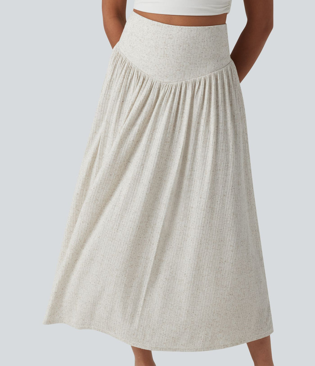 Jupe midi fluide casual taille haute ventre plat en maille côtelée mélange lin