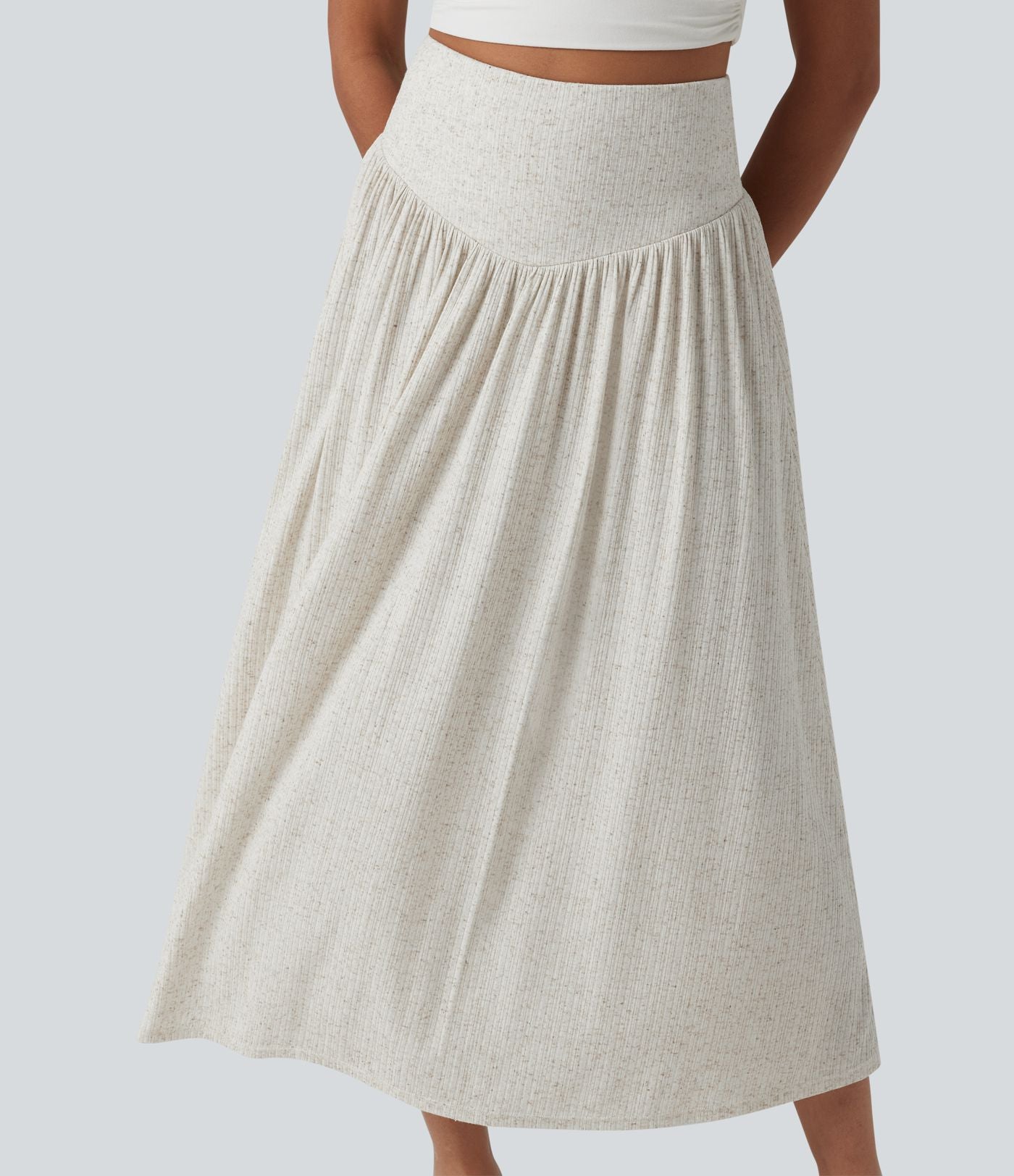 Jupe midi fluide casual taille haute ventre plat en maille côtelée mélange lin