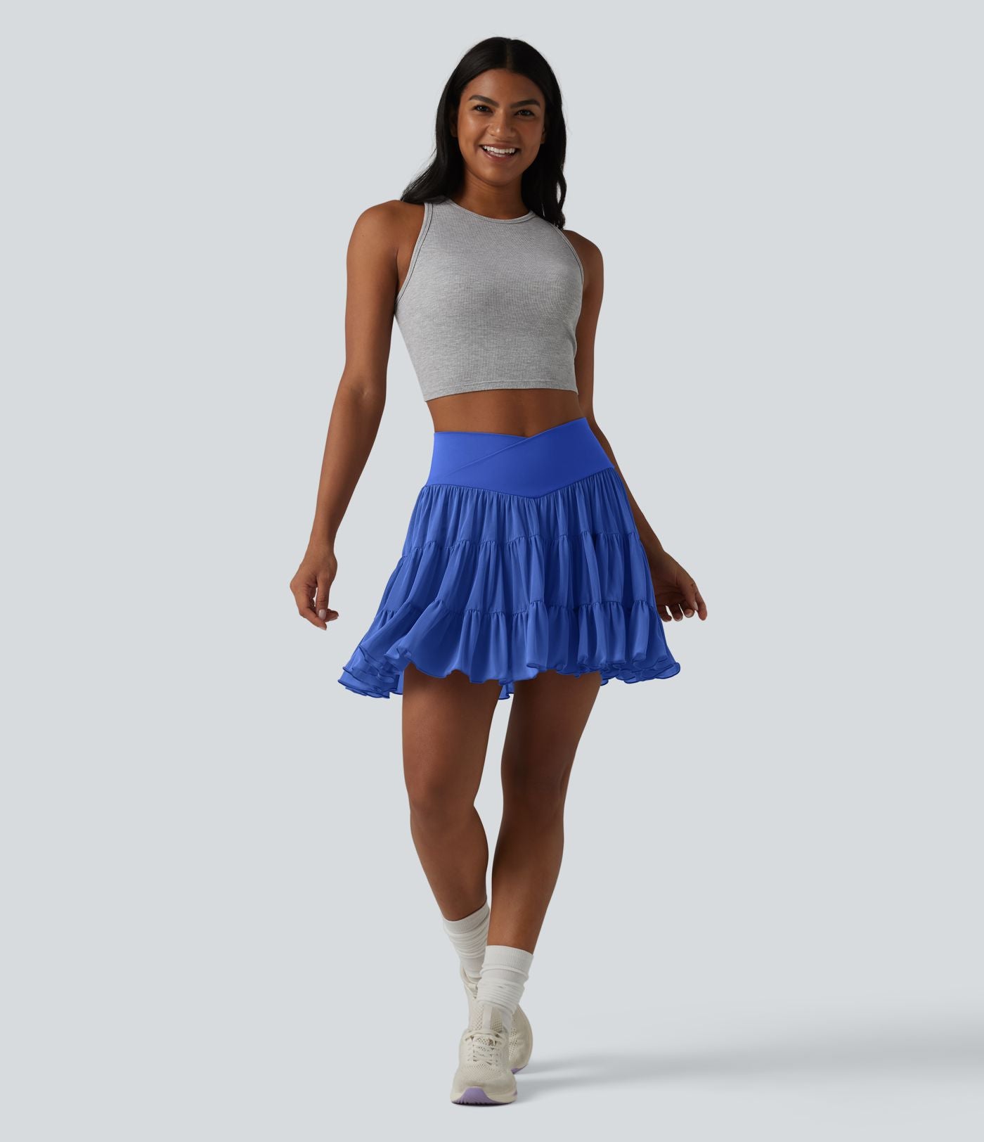 Jupe mini de tennis 2 en 1 croisée évasée taille haute avec poches - longueur allongée