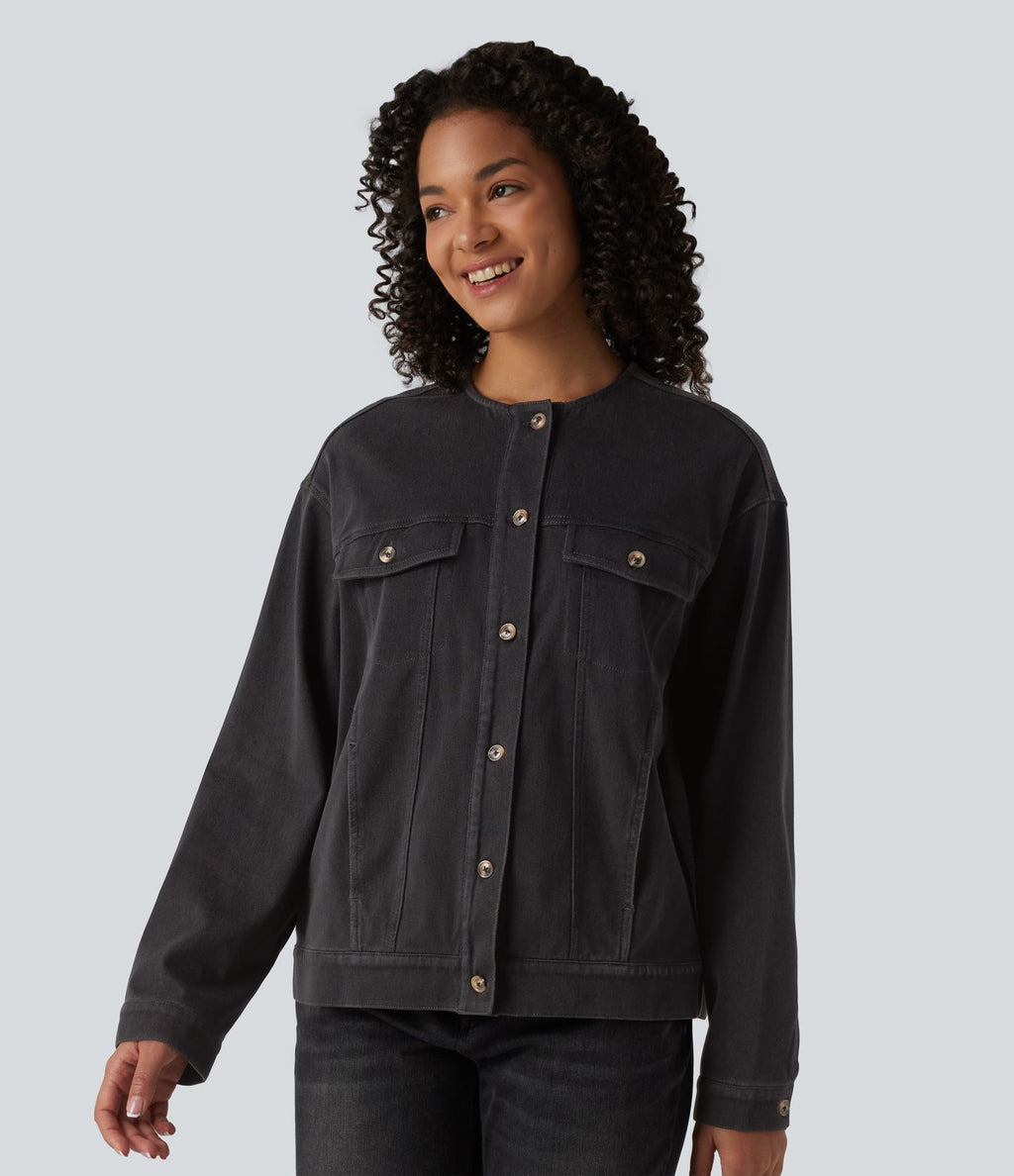 Halara Flex™ Veste décontractée en jean col rond manches longues avec poches