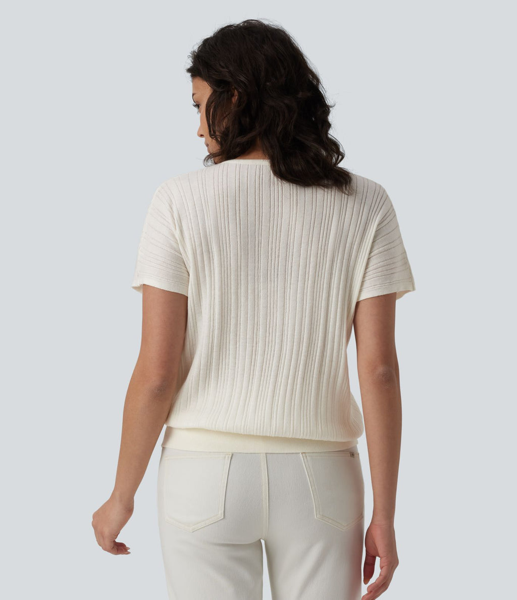 Pull casual col V manches courtes mélange laine