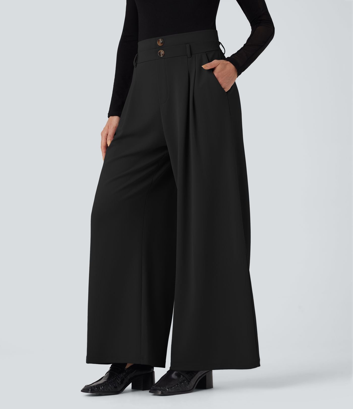 Pantalon de travail en crêpe à taille haute et jambes larges avec double ceinture et poches Halara Flex™