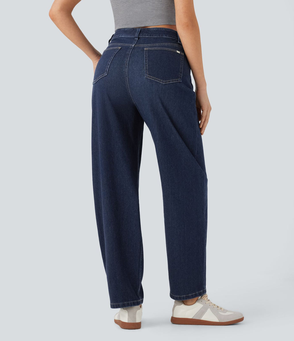 Jean ample délavé taille haute en maille extensible avec poches multiples