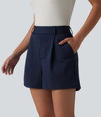 Short tailleur ample à rayures plissées taille haute avec poches