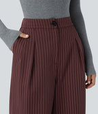 Pantalon Tailleur Large Fluide à Rayures, Taille Haute, Bouton et Fermeture Éclair, Poches Latérales