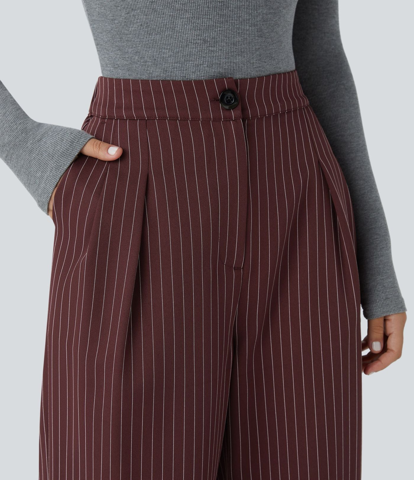 Pantalon Tailleur Large Fluide à Rayures, Taille Haute, Bouton et Fermeture Éclair, Poches Latérales