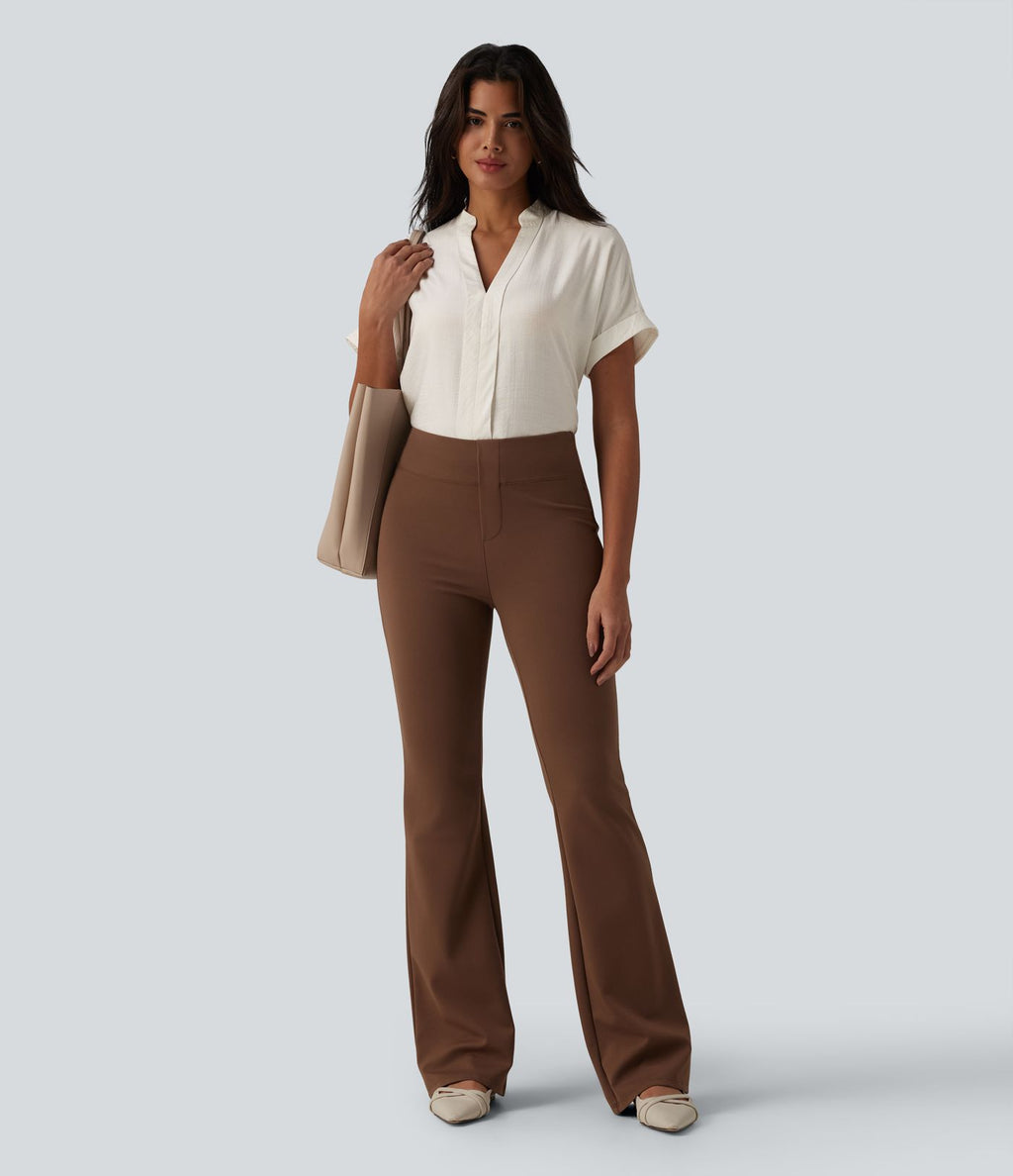 Chemise col V manches courtes aspect lin pour le bureau