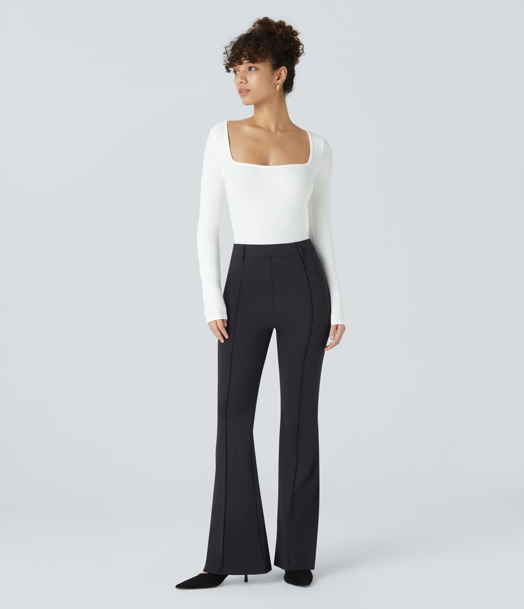Bodysuit de Travail Tricot Côtelé Col Carré Manches Longues Boutonné Silhouette Élancée