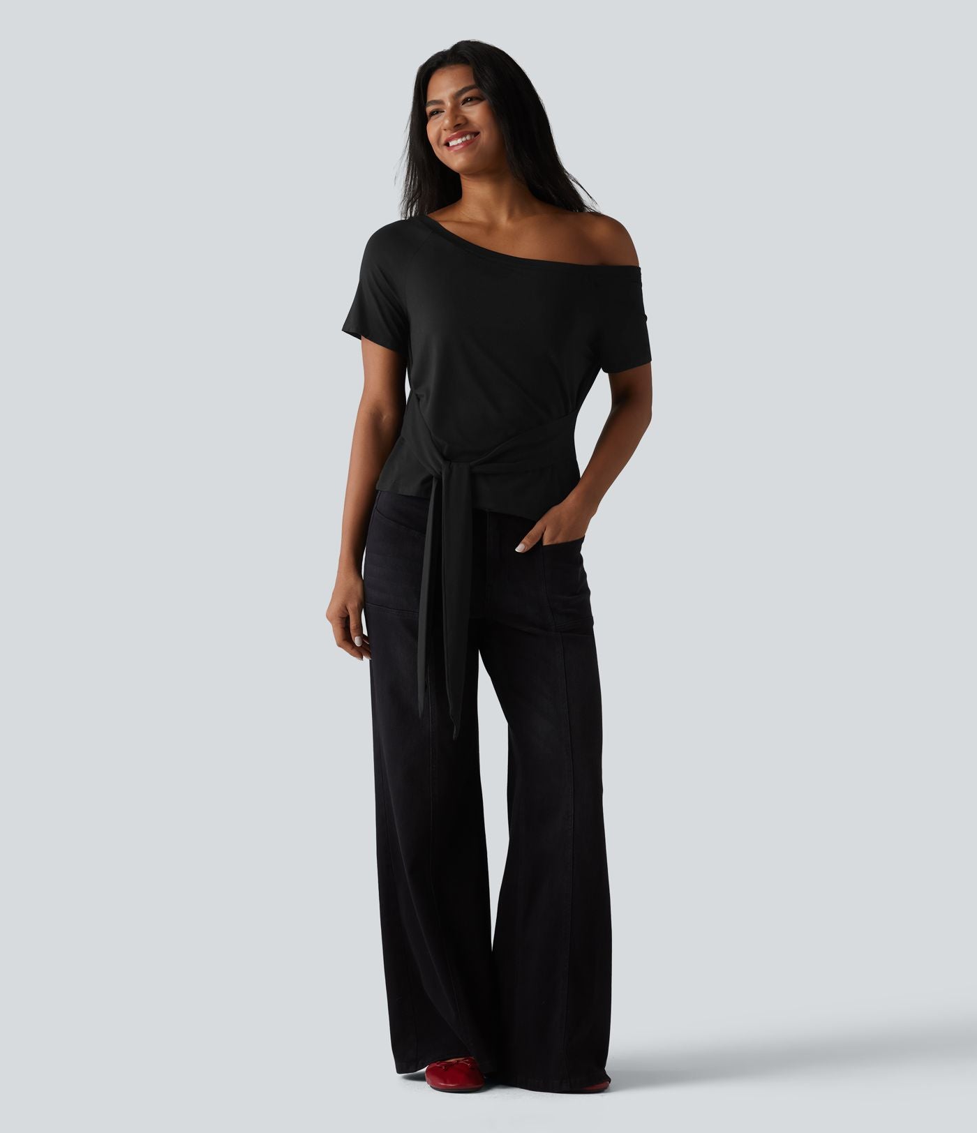 T-shirt décontracté asymétrique manches courtes soutien-gorge intégré nœud devant