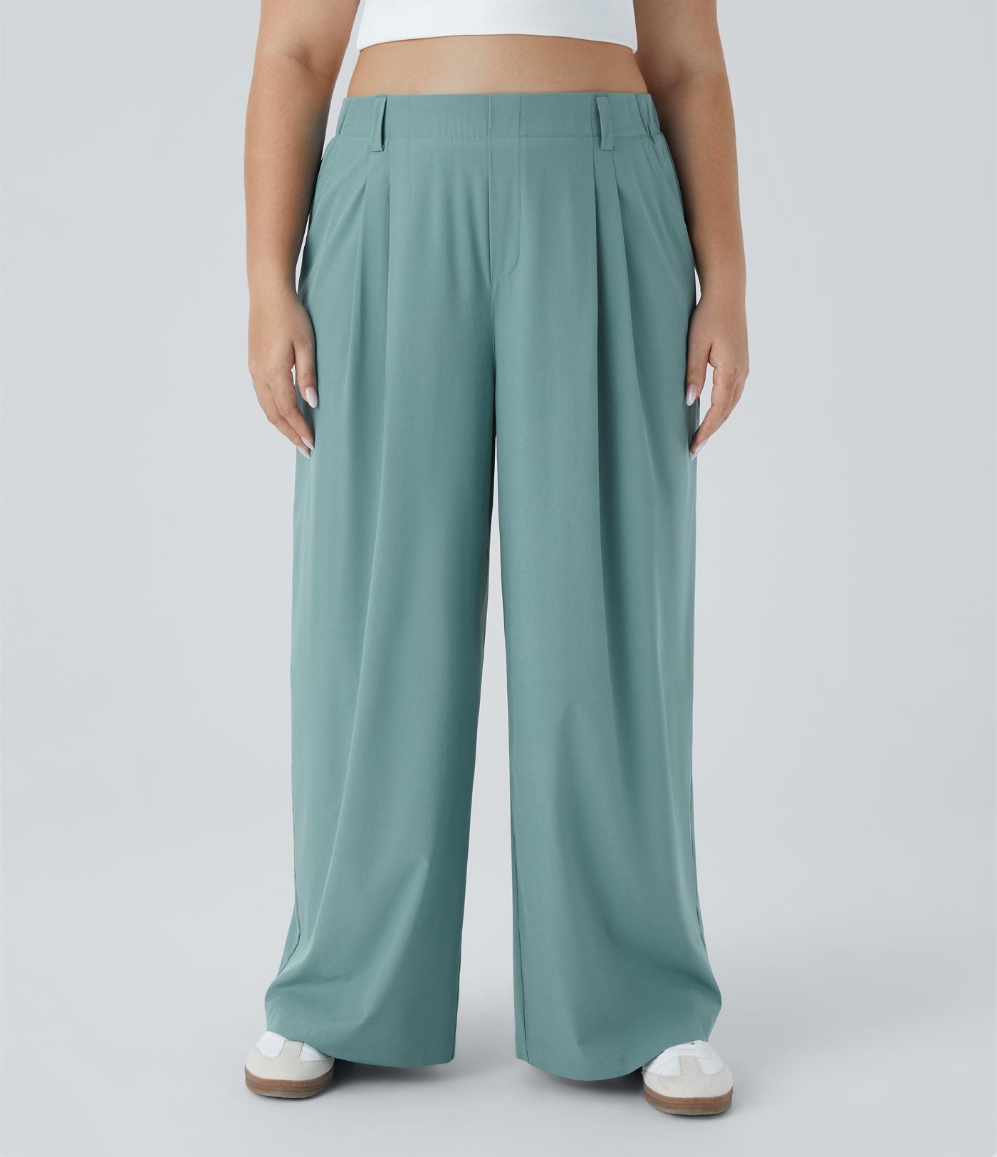 Breezeful™ Pantalon Évasé Palazzo Grande Taille Casual Taille Haute avec Plis Poche Latérale Fluide Uni et Séchage Rapide