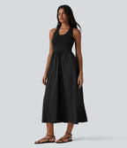 Robe casual mi-longue col U dos nu à bretelles croisées avec poches