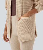 Cardigan décontracté gaufré manches longues avec poches