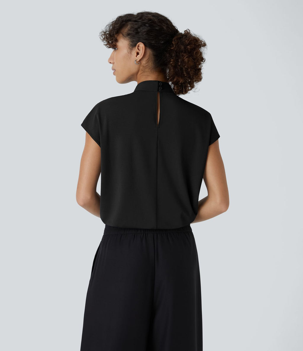 Blouse de Travail à Col Montant Plissée avec Boutons dans le Dos et Manches Courtes