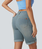 Bermuda décontracté en jean extensible délavé Halara Flex™ taille haute avec revers et multiples poches