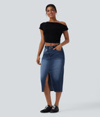 Jupe décontractée denim moulante Halara Flex™ asymétrique taille mi-haute avec fente et poches