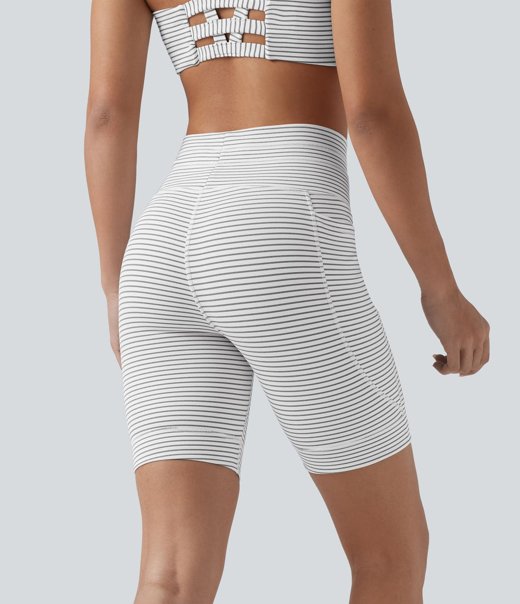 Short cycliste de yoga taille haute à rayures avec cordon de serrage 17,5 cm et poches