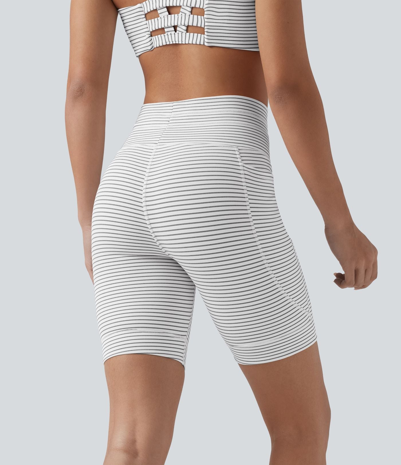 Short cycliste de yoga taille haute à rayures avec cordon de serrage 17,5 cm et poches