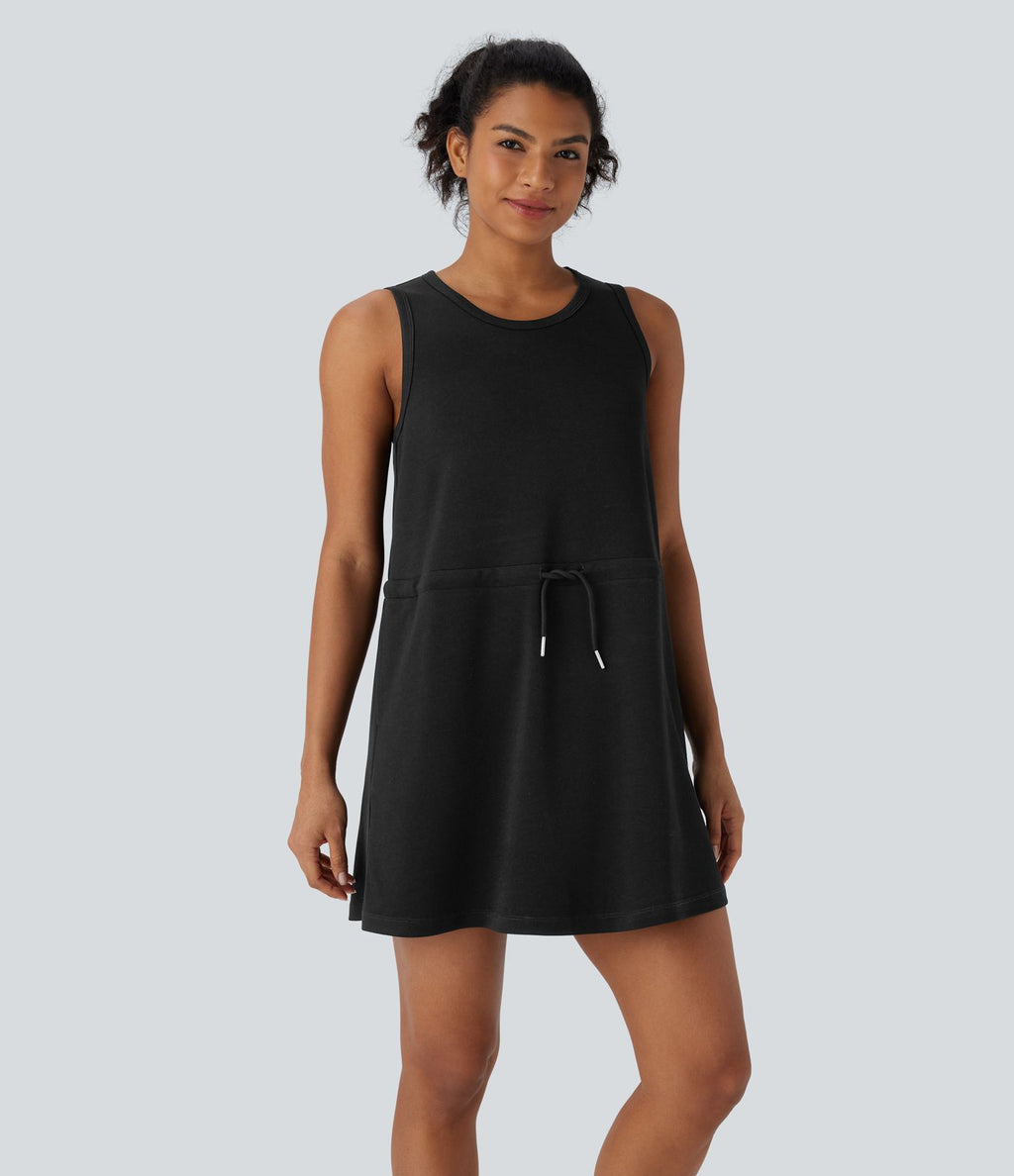 Robe active de yoga mini 2 pièces à col rond, sans manches, cordon de serrage et poches latérales