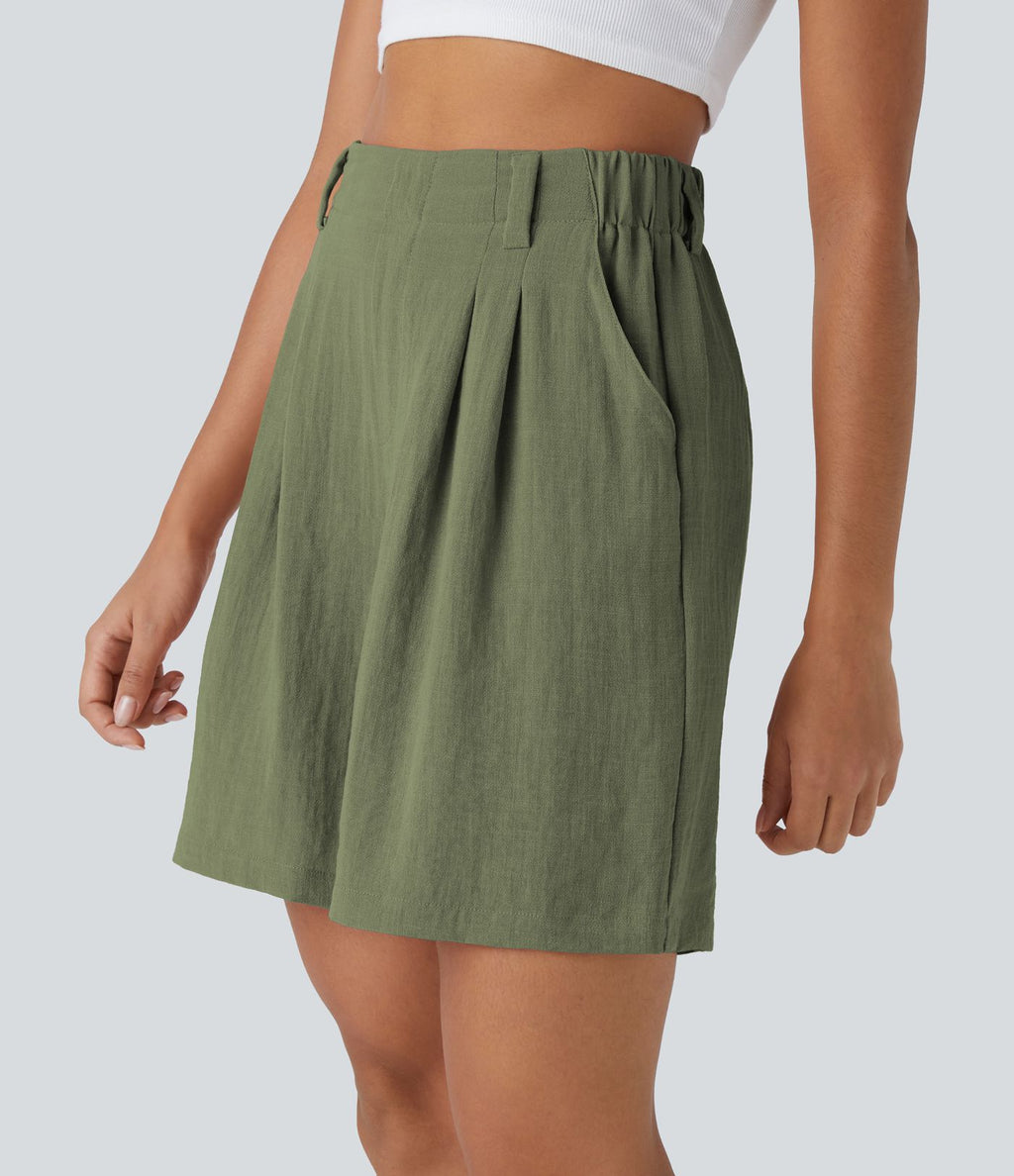 Bermuda Large Fluide Taille Haute avec Plis et Poches Latérales en Lin Synthétique