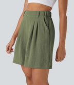 Bermuda Large Fluide Taille Haute avec Plis et Poches Latérales en Lin Synthétique