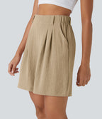 Bermuda Large Fluide Taille Haute avec Plis et Poches Latérales en Lin Synthétique