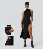 Robe Casual Midi 2 Pièces Capuche Col Montant Sans Manches Fendue avec Découpe Dos Nœud Côtelée
