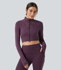 Veste de yoga SoftlyZero™ dentelle contrastante double zip à trous pouces - UPF50+