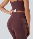 Softlyzero™ Legging Yoga 7/8 Taille Haute avec Poche au Dos Découpe Croisée et Dentelle Contrastante