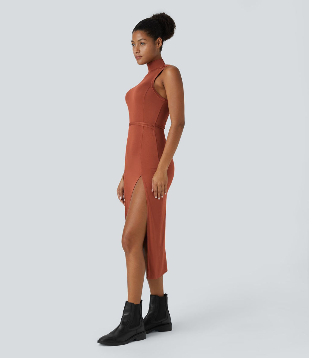 Robe Casual Midi 2 Pièces Capuche Col Montant Sans Manches Fendue avec Découpe Dos Nœud Côtelée