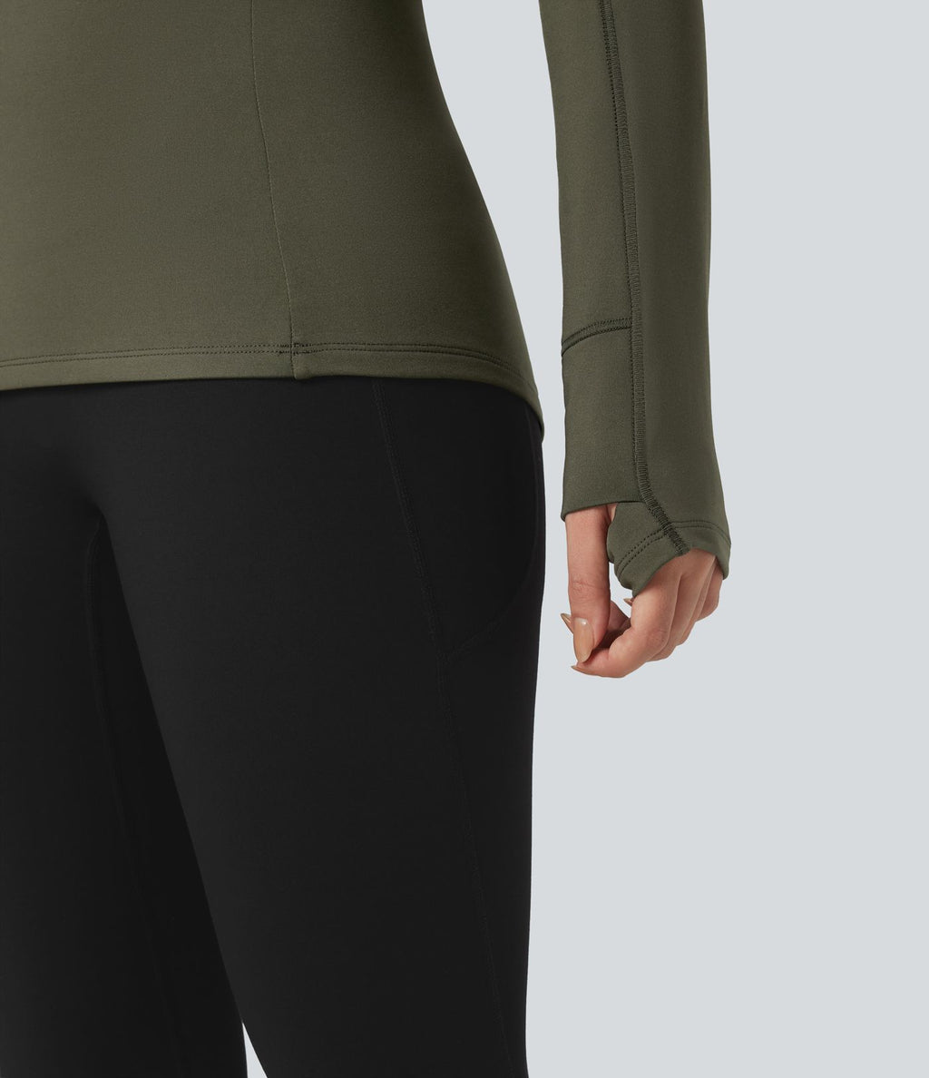 Top de sport randonnée polaire col montant demi-zip manches longues avec trous pouces