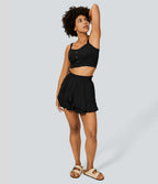 Short Évasés Casual à Taille Haute avec Volants Frisés et Effet Lin