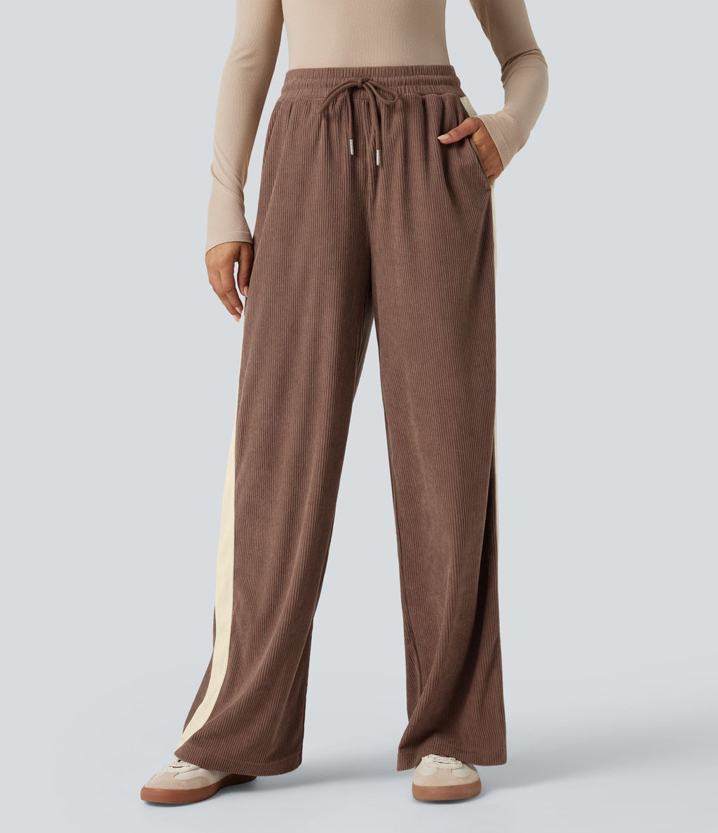 Pantalon jogging décontracté droit colorblock en velours côtelé, taille haute, avec cordon et poches